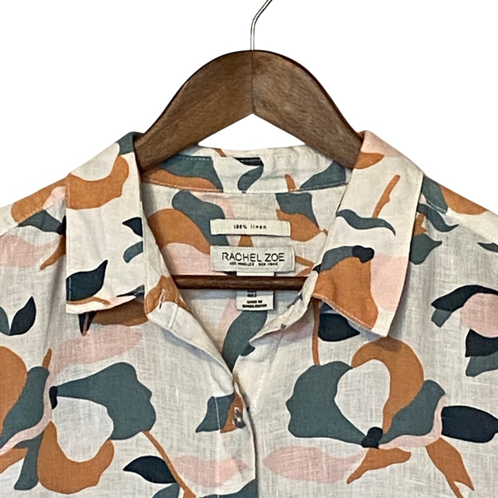 Rachel Zoe Women Linen Shirt Dress Size L Abstract Floral Coastal Resort Pockets - Picture 2 of 14
